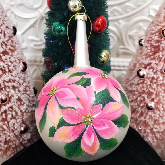 Other - Large Blown Glass Pink Poinsettia Christmas Ornament Ivory Satin Shabby Hand pai